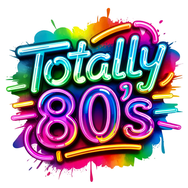 Colorful 'Totally 80's' text design with neon effects fabric panel