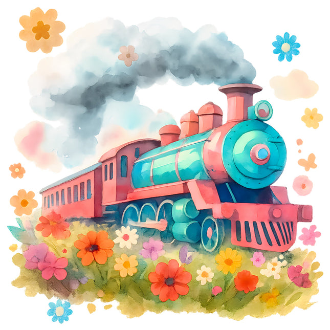Colorful train with flowers and smoke fabric panel
