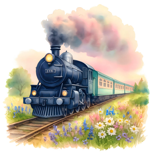 steam train on tracks with flowers fabric panel