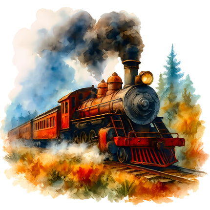 Painting of a steam locomotive with smoke and trees fabric panel