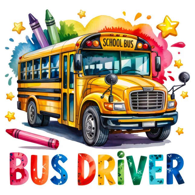 yellow school bus with colorful crayons and 'BUS DRIVER' fabric panel