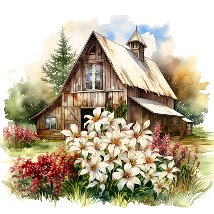 Wooden cabin with flowers fabric panel