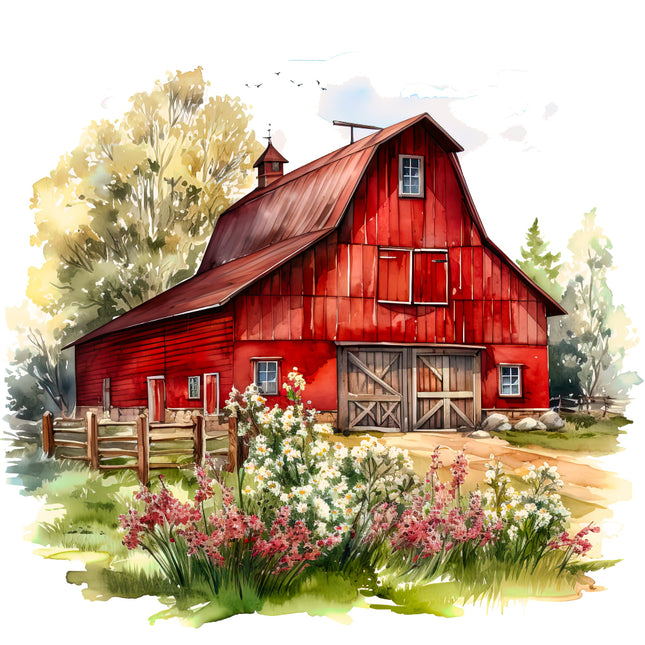 Illustration of a red barn with flowers and trees fabric panel