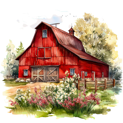 Red barn with flowers and trees fabric panel