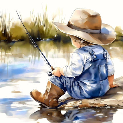 fabric panel of a child in overalls and a hat fishing by a lake.