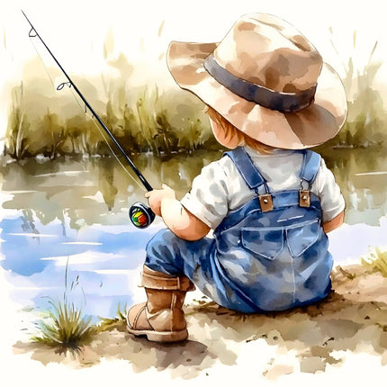 child in overalls and a hat fishing by a lake fabric panel