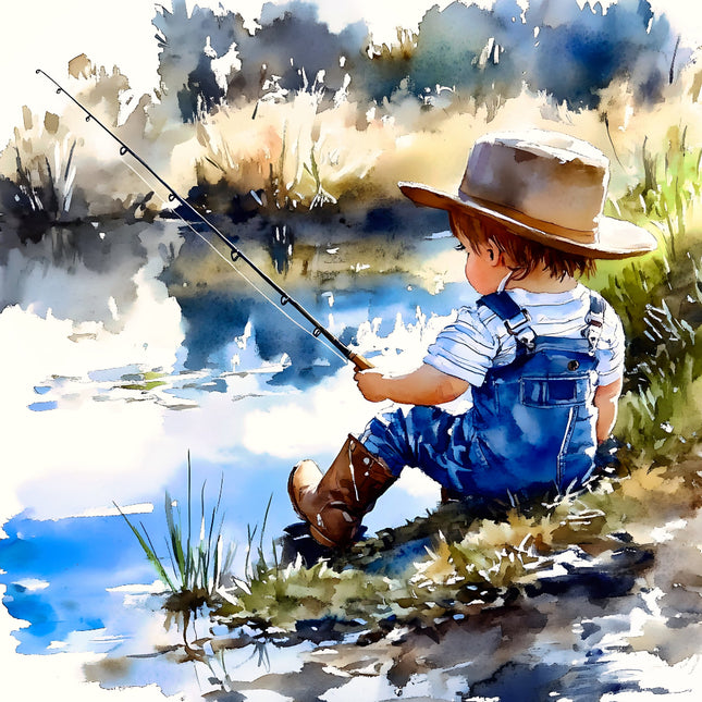 Illustration of a child fishing by a pond with a fishing rod fabric panel