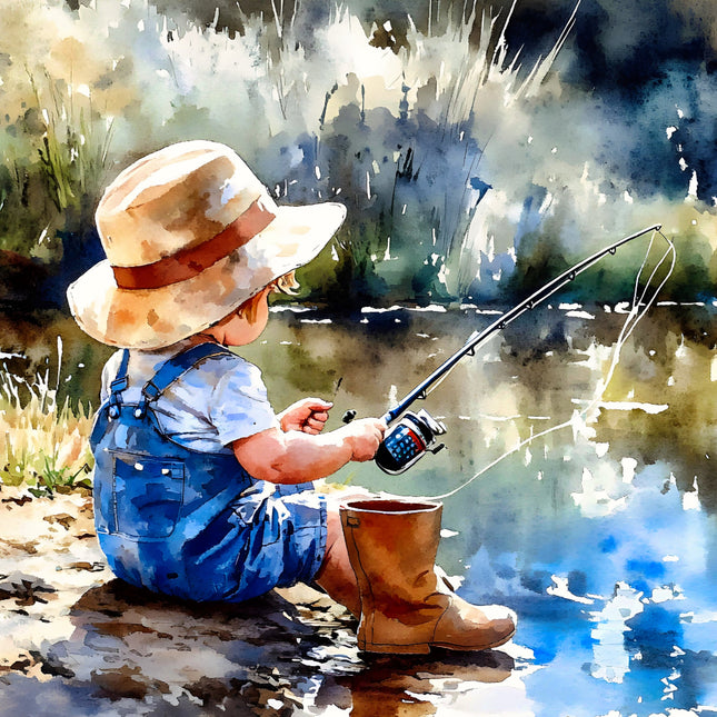 Child fishing by a pond with a fishing rod, wearing a hat and overalls fabric panel