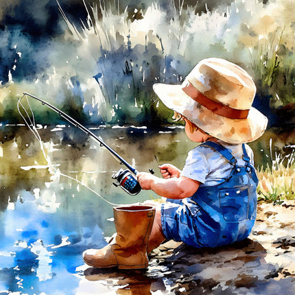Child fishing by a lake with a watercolor effect quilt panel