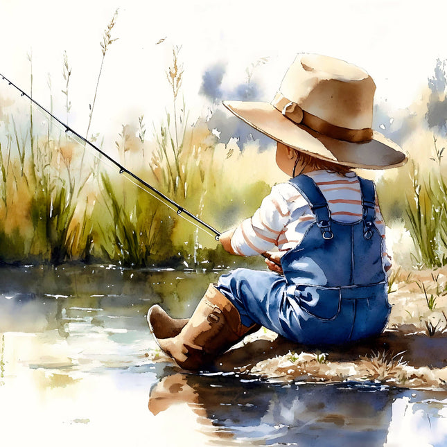 Painting of a child fishing by a pond fabric panel