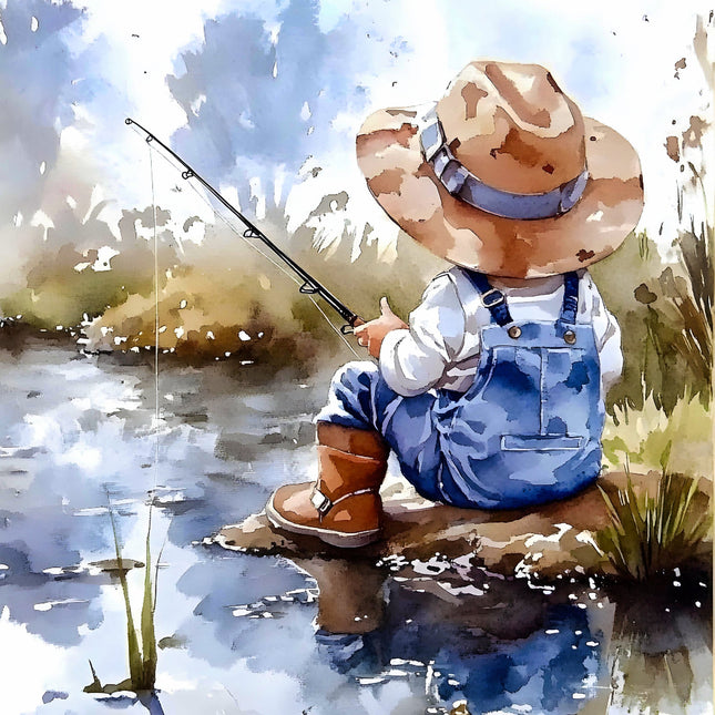 fabric panel of a child in overalls and a hat fishing by a body of water.