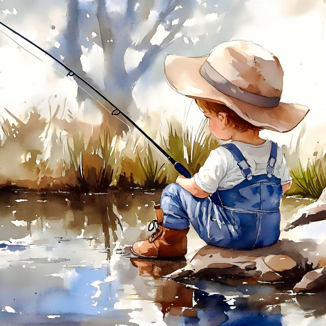 Child fishing by a lake with a fishing rod, wearing a hat and overalls fabric panel