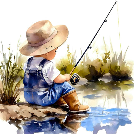 child fishing by a pond with grass quilt panel
