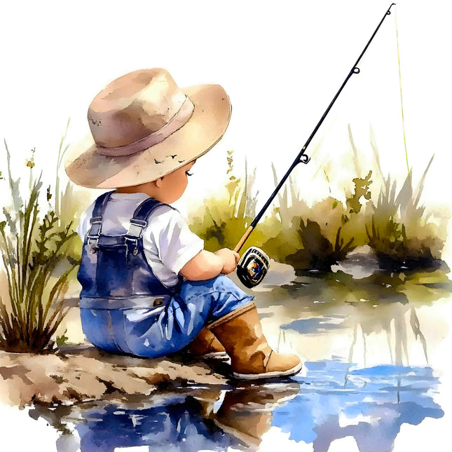 Cowboy Child Fishing 100% Cotton Fabric Panel Block AA858