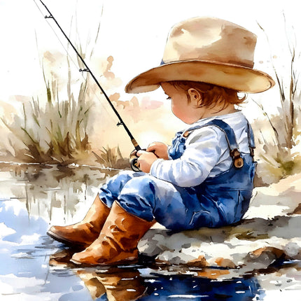 Child in overalls and hat fishing fabric panel