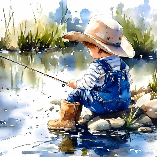 child fishing by a pond fabric panel