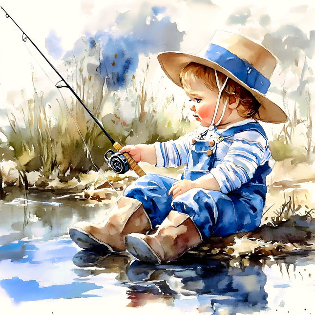 Painting of a child in a blue outfit and hat fishing quilt panel