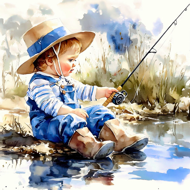 Child in a blue outfit and hat fishing by a stream quilt panel