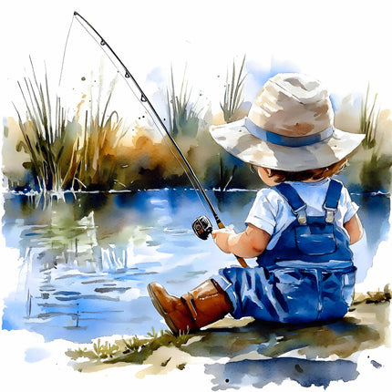 child fishing by a lake with grass and water reflections fabric panel
