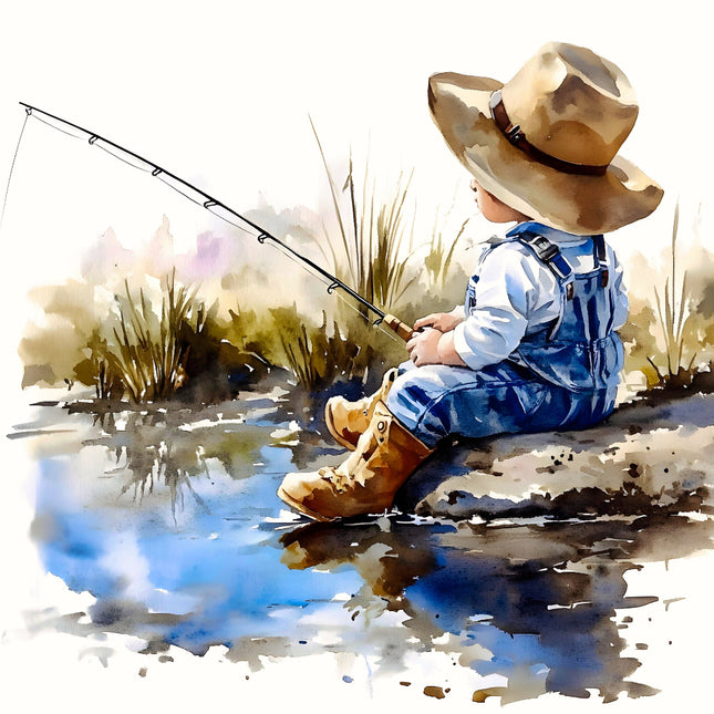 Child in overalls and hat fishing in water with fishing rod fabric panel