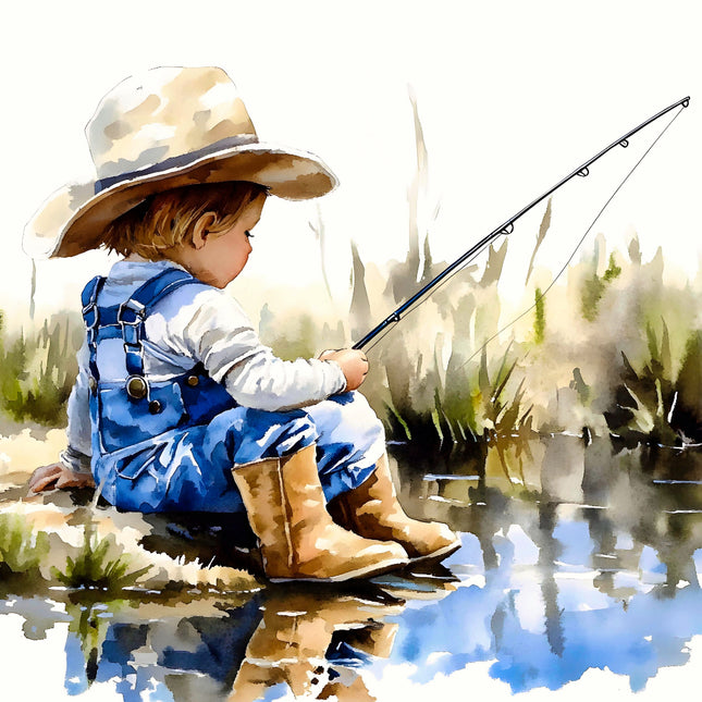 Child fishing by a pond with a fishing rod quilt panel