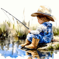 Child fishing by a pond with a fishing rod, wearing a hat and overalls quilt panel