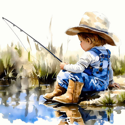 Child fishing by a pond with a fishing rod, wearing a hat and overalls quilt panel