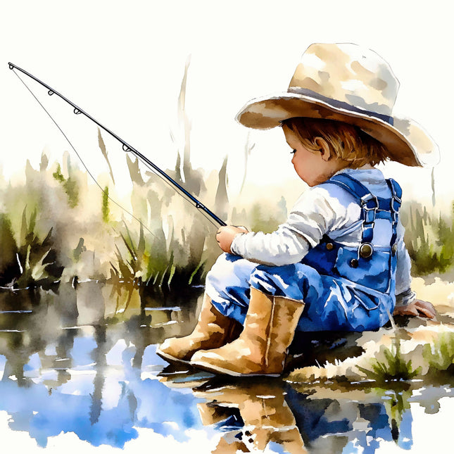 Child fishing by a pond with a fishing rod, wearing a hat and overalls quilt panel