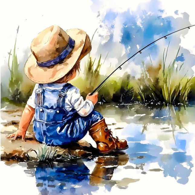 fabric panel of a child in overalls and a hat fishing by a pond