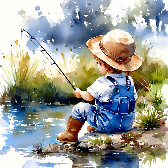 child fishing by a pond with a hat and overalls fabric panel