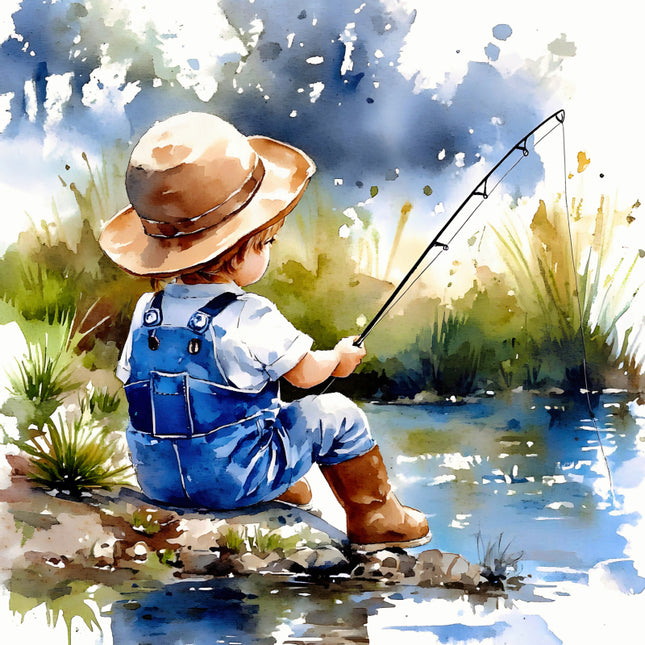 child in overalls and a hat fishing by a pond quilt panel