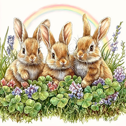 Three rabbits sitting together with a rainbow and flowers in the background quilt panel
