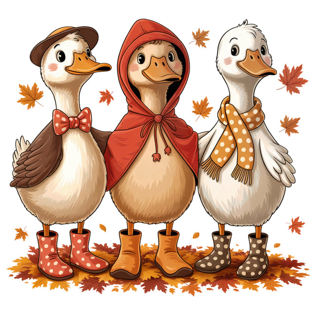 Three cartoon ducks dressed in autumn-themed clothing with leaves quilt panel