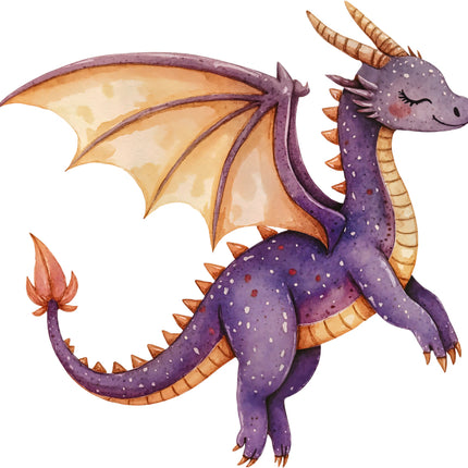 Illustration of a purple dragon with orange accents quilt block