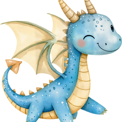 Cartoon dragon with blue body and beige wings fabric panel