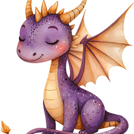 Illustration of a purple dragon with orange wings and horns fabric panel