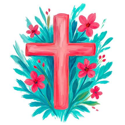Pink cross surrounded by pink flowers and green leaves fabric panel