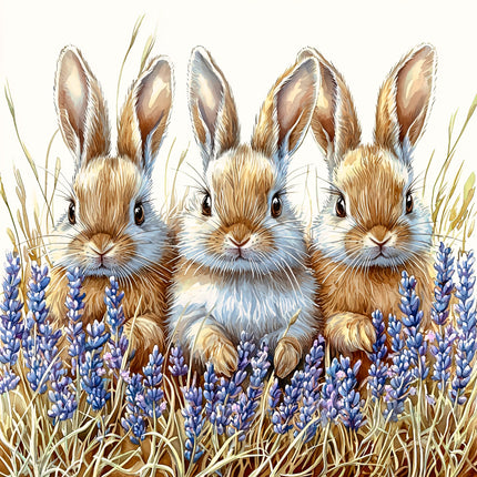 Three rabbits standing together in a field of lavender and grass.