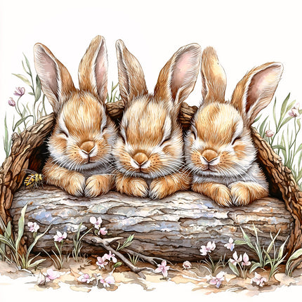 Three rabbits sleeping on a log with flowers and grass around quilt panel