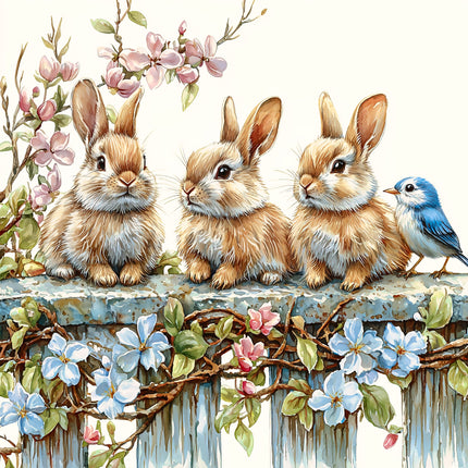 Three rabbits and a bird on a floral background quilt panel