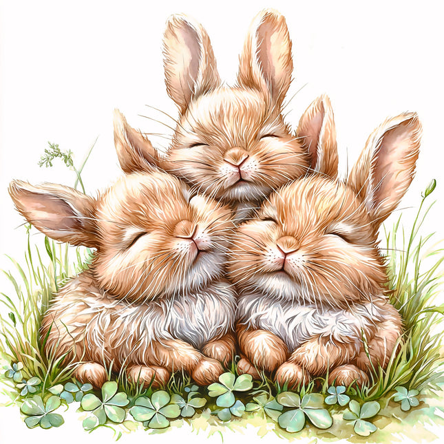 Three fluffy bunnies sitting together on grass with clover quilt panel