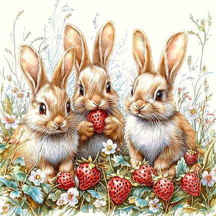 Three rabbits with strawberries fabric panel