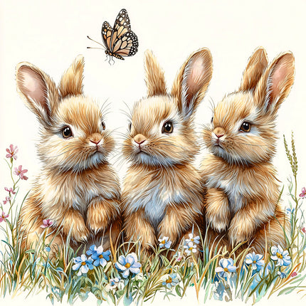 Three rabbits sitting together with a butterfly and flowers fabric panel