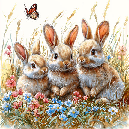 Three rabbits sitting together in a field with flowers and a butterfly.