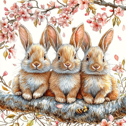 Four rabbits sitting on a branch with cherry blossoms fabric panel