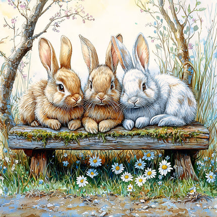 Three rabbits sitting on a wooden bench in a forest setting with flowers and trees fabric panel