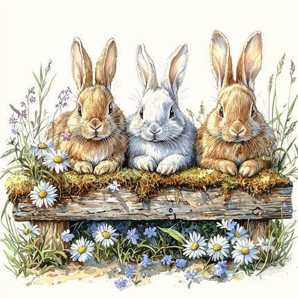 Three rabbits sitting on a log with flowers and grass around quilt panel