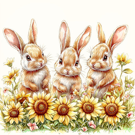 Three rabbits sitting among sunflowers fabric panel