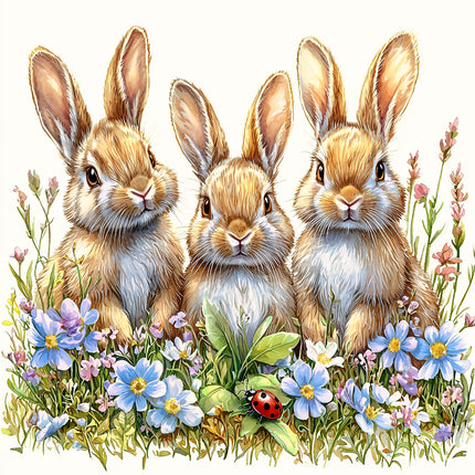 Three rabbits sitting together in a field of flowers fabric panel