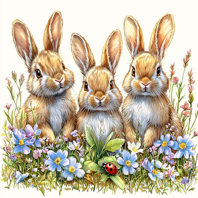 Three rabbits sitting together in a field of flowers fabric panel